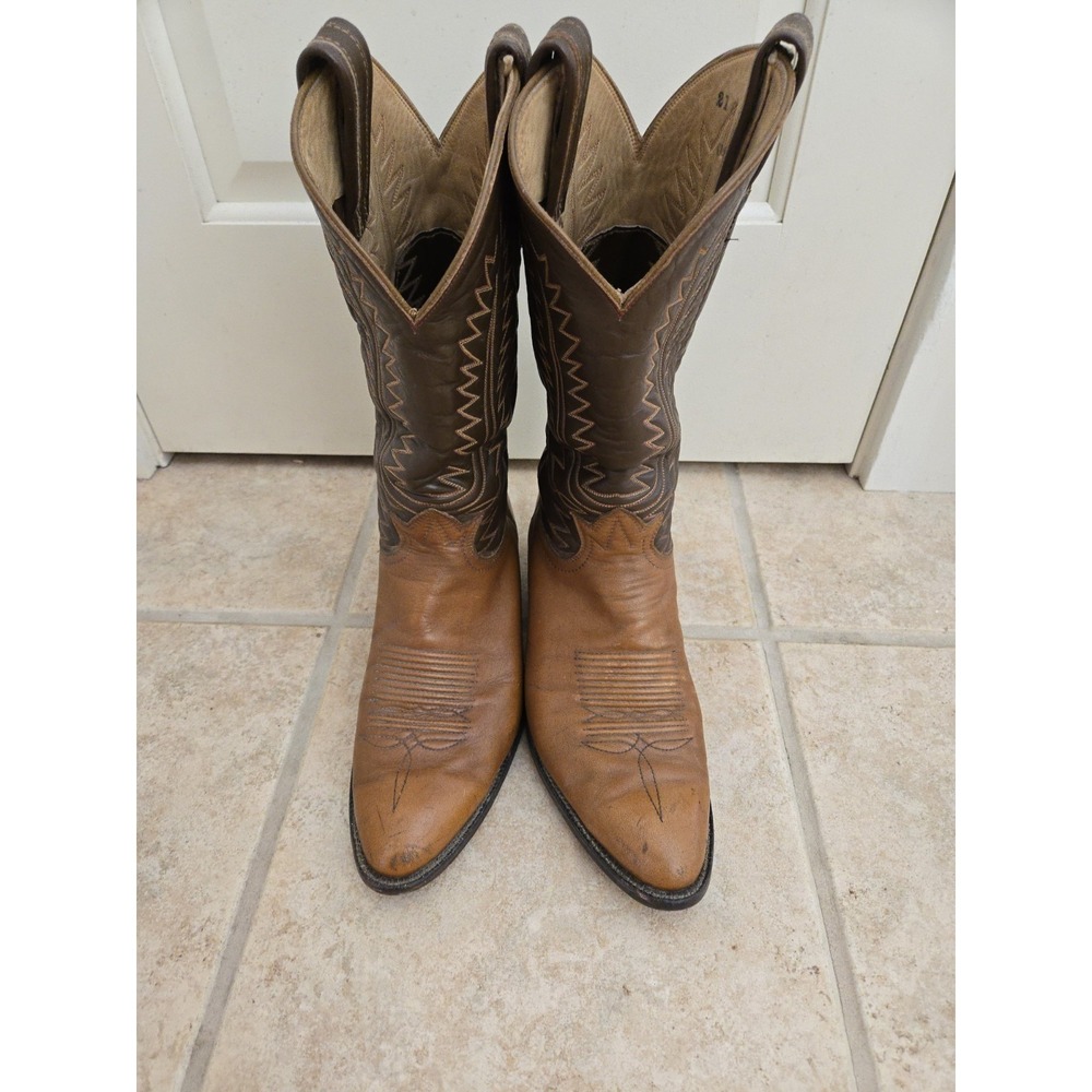 Vtg Tony Lama Texas Western Cowboy Boots Brown Leather Orange Stitching sz 10